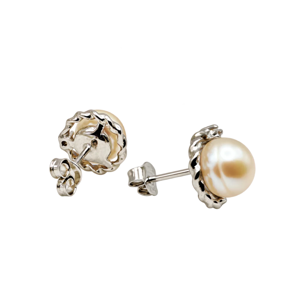 10mm freshwater pearl stud earrings in 925 rhodium-plated silver with twisted halo and butterfly backs