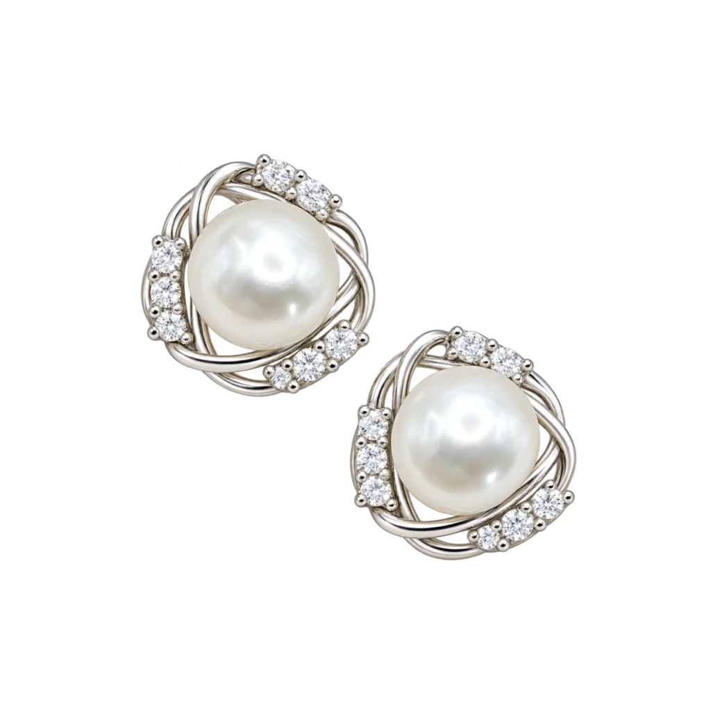 9mm pearl silver stud earrings with a swirling crystal frame