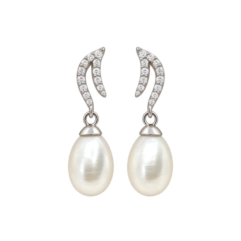 Pavé arc oval freshwater pearl drop earrings in rhodium-plated 925 silver