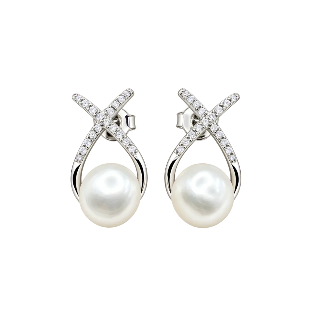 Rhodium-plated 925 silver crossover stud earrings featuring pavé ribbons and single white freshwater pearls.