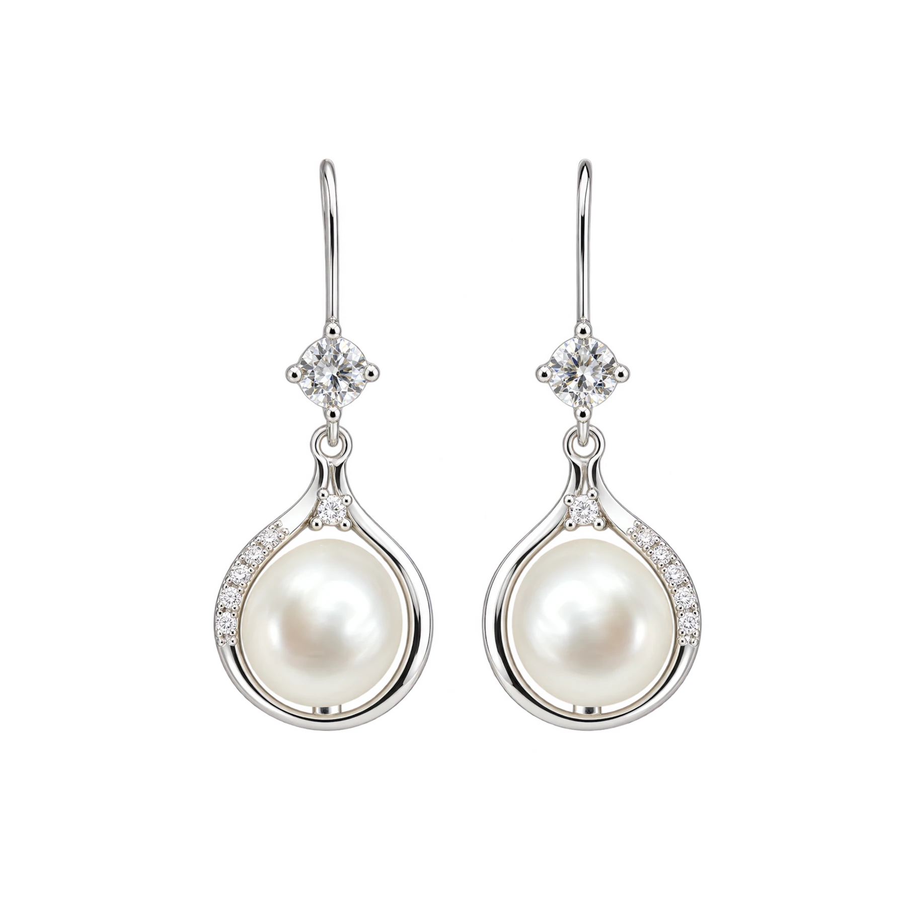 ER007 - Silver freshwater pearl drop earrings with pavé cubic zirconia ribbon Silver freshwater pearl drop earrings with pavé cubic zirconia ribbon