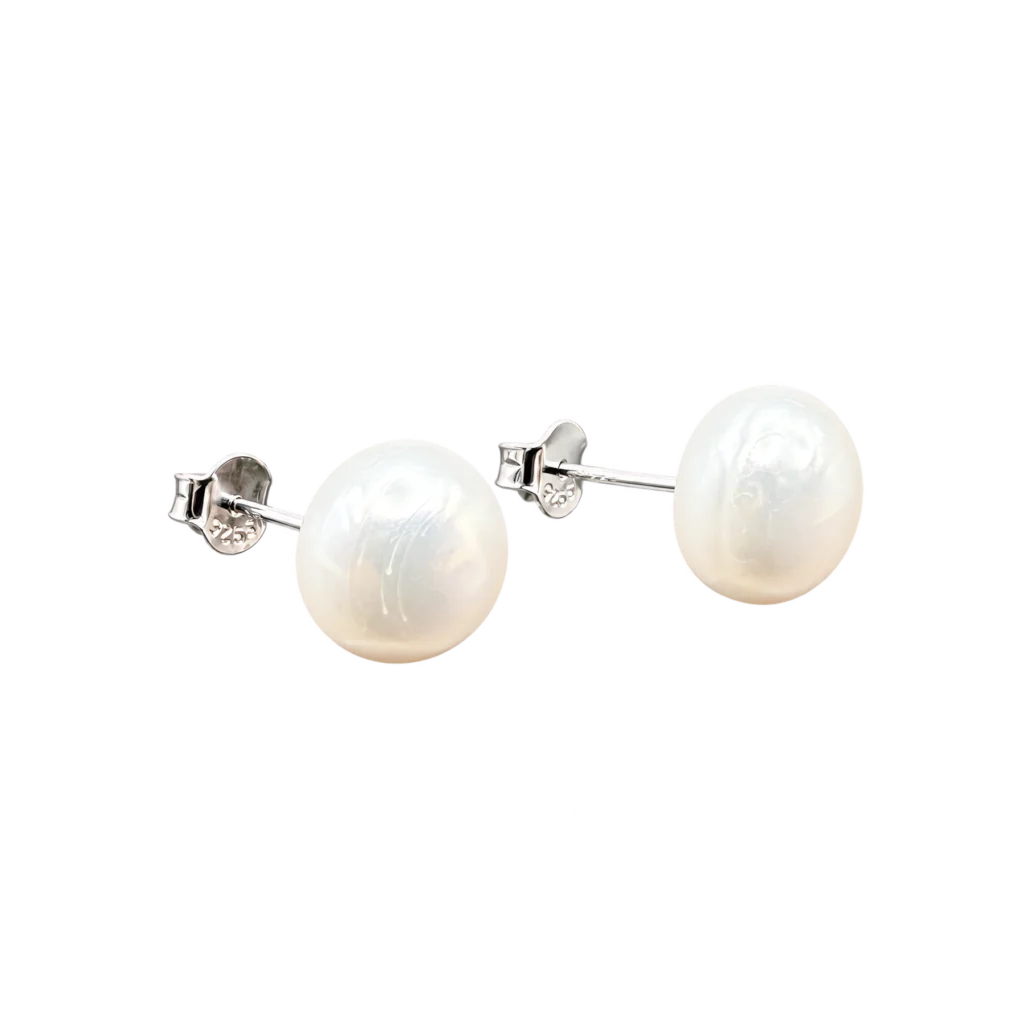 Pair of 7mm white freshwater pearl stud earrings on rhodium-plated 925 silver posts with secure butterfly backs