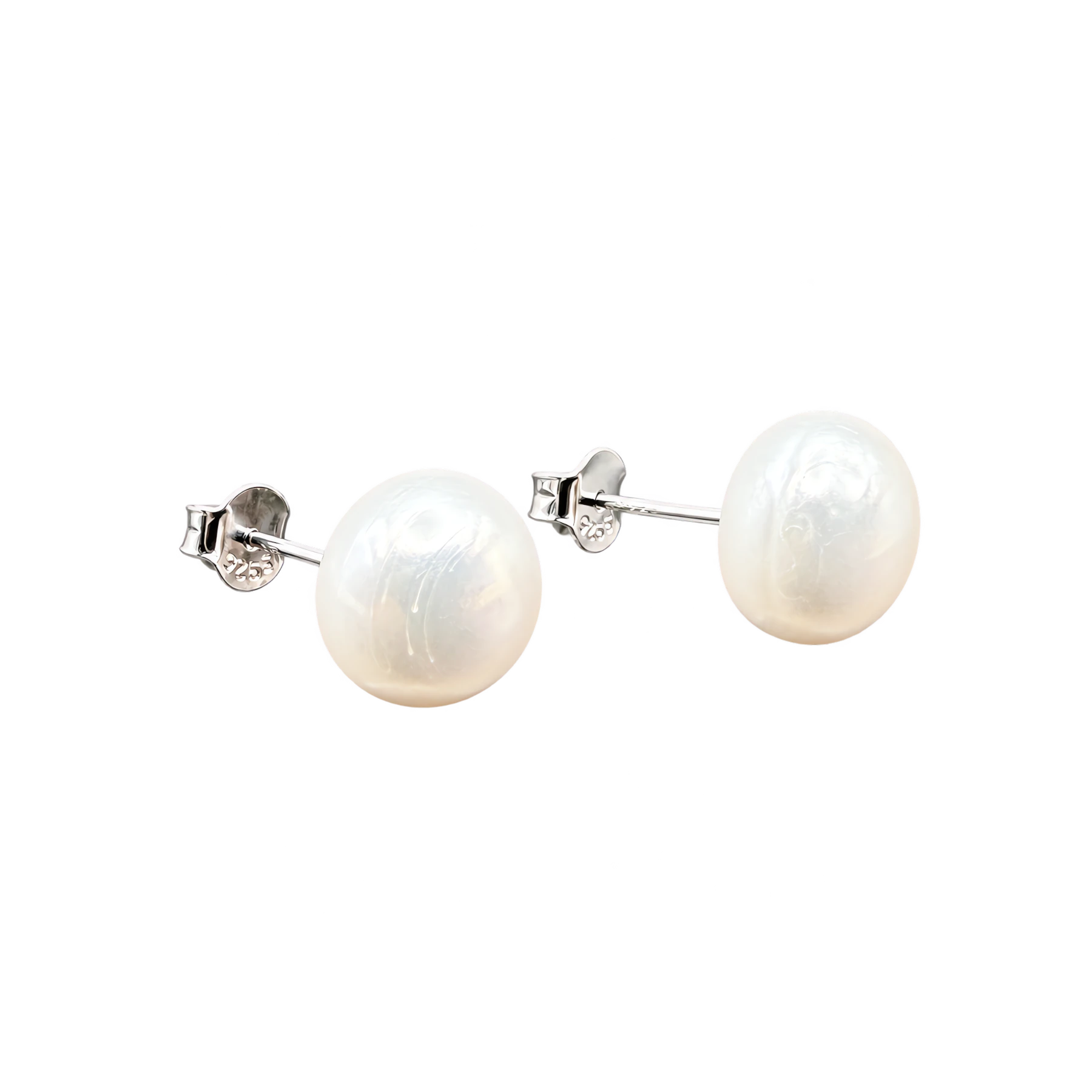 ER008 7mm freshwater pearl stud earrings Pair of 7mm white freshwater pearl stud earrings on rhodium-plated 925 silver posts with secure butterfly backs