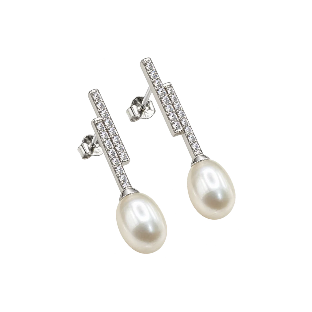 Silver drop earrings featuring staggered vertical bars with clear stones and suspended teardrop freshwater pearls