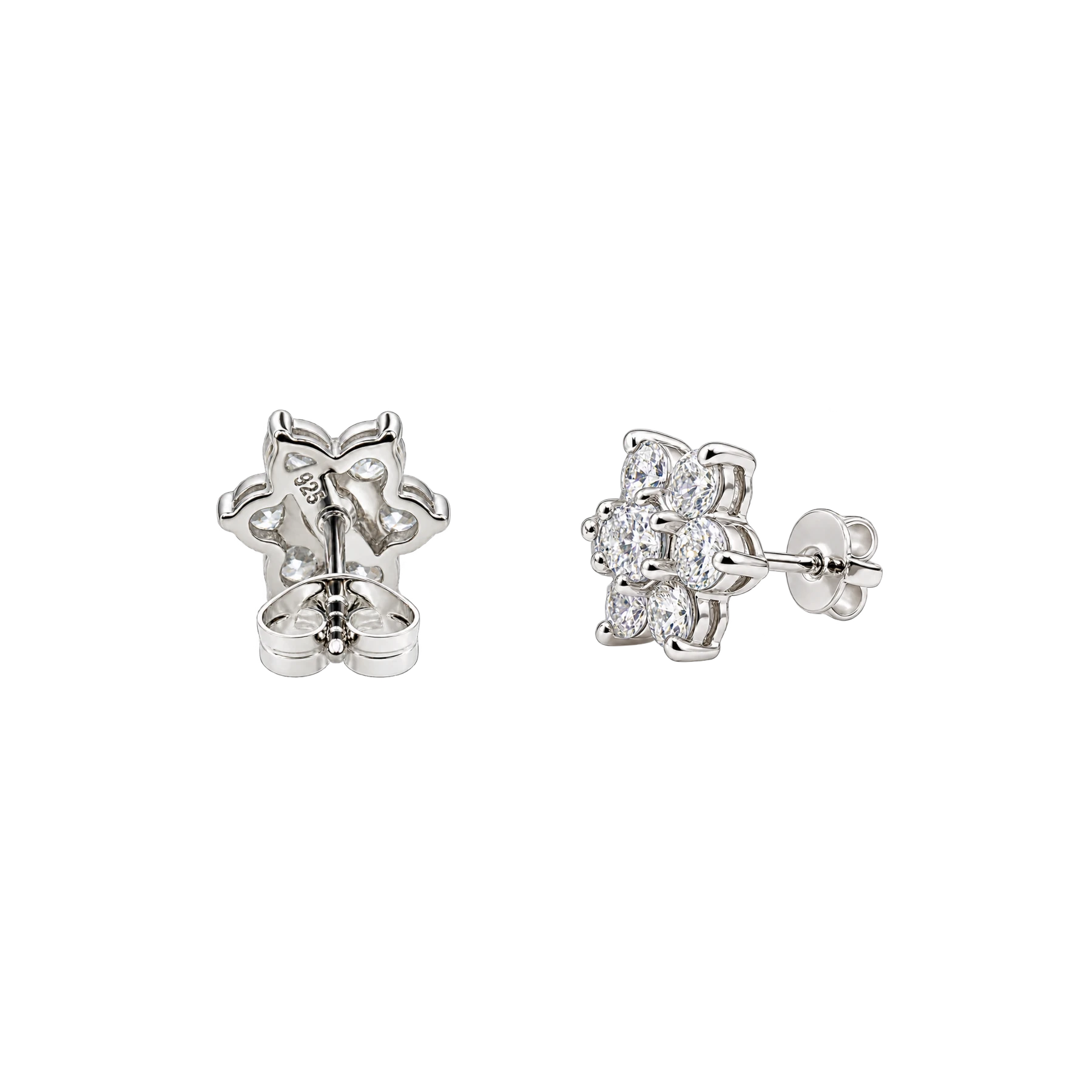 ER012 - Pair of 925 sterling silver flower stud earrings set with clear cubic zirconia, showing the front cluster and butterfly back Pair of 925 sterling silver flower stud earrings set with clear cubic zirconia, showing the front cluster and butterfly back