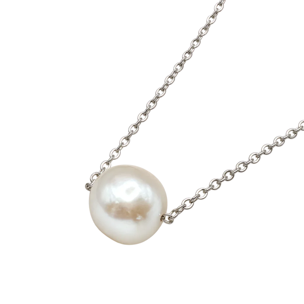 Silver freshwater pearl necklace with single 10mm baroque pearl on fine chain
