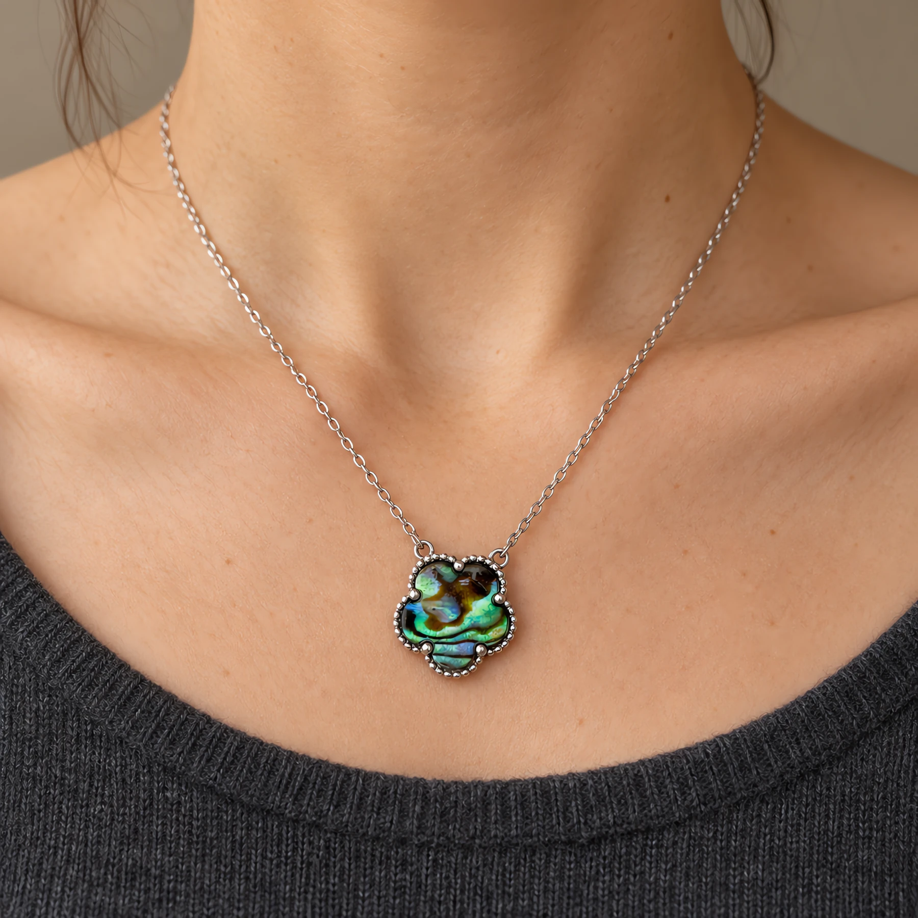 Abalone Shell Flower Pendant Necklace Try On