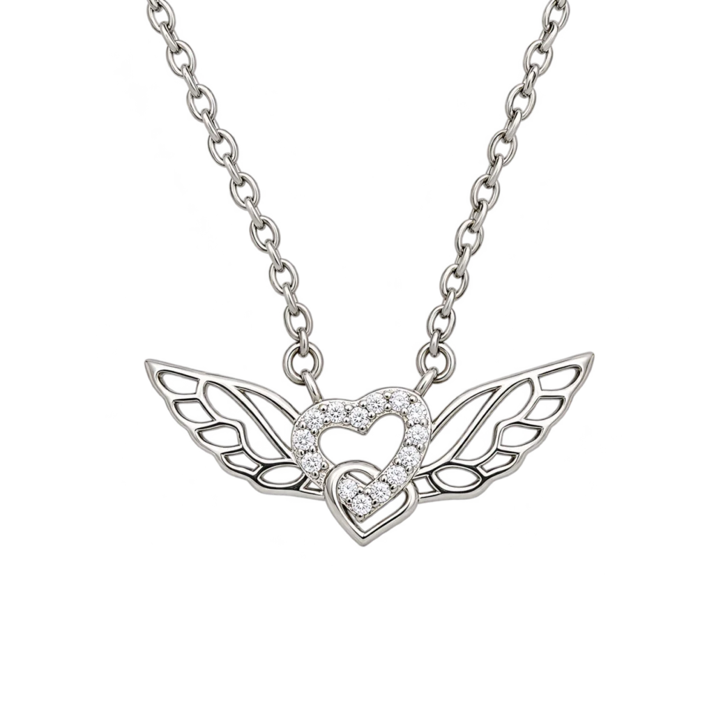 Angel wing heart pendant necklace in 925 sterling silver, rhodium finish