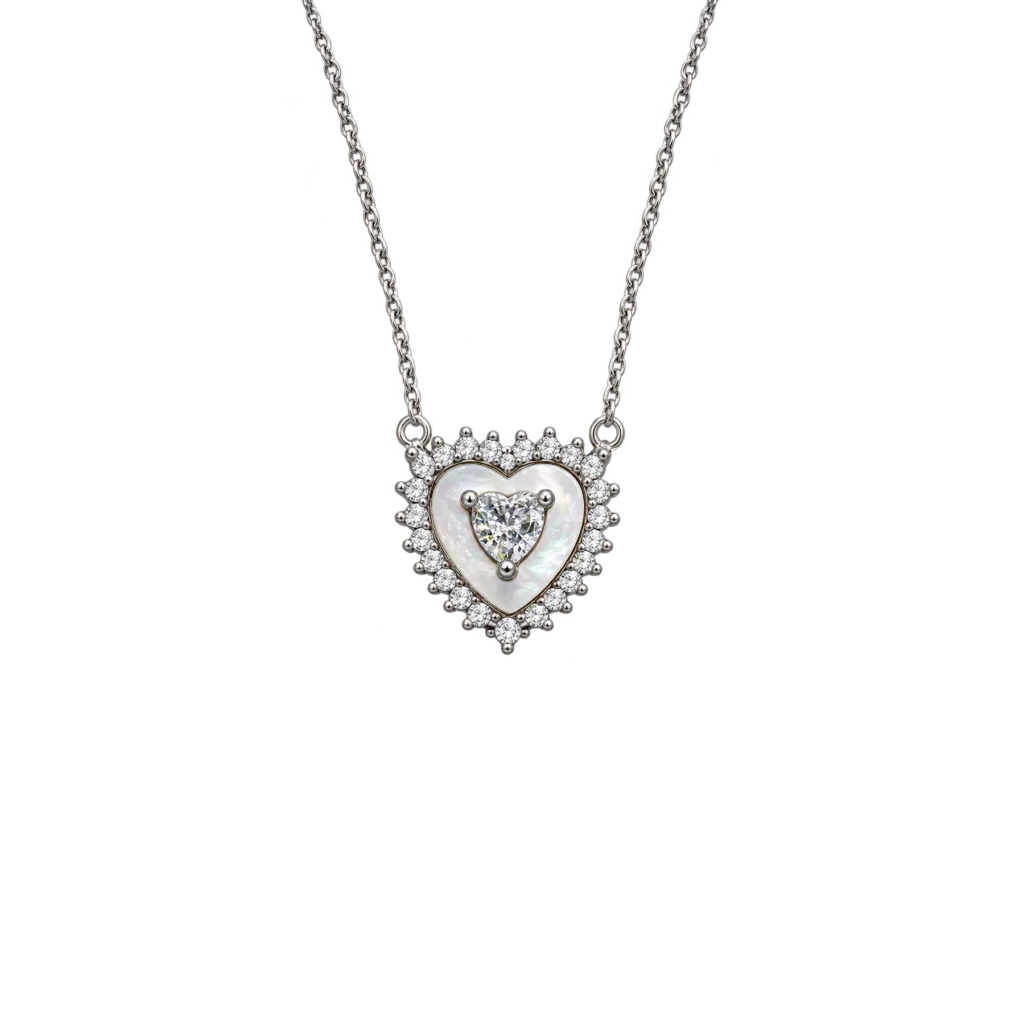 Rhodium-plated 925 sterling silver necklace featuring a mother of pearl heart pendant with a central heart-shaped clear stone and a cubic zirconia halo