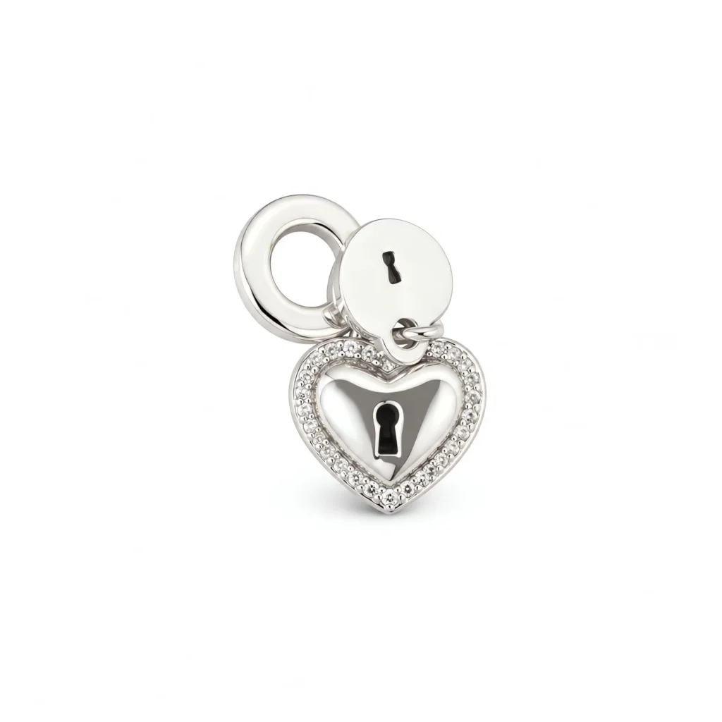 925 Sterling silver dangle charm featuring a heart padlock with a clear pavé border and a smaller round disc, both containing black keyhole cutouts
