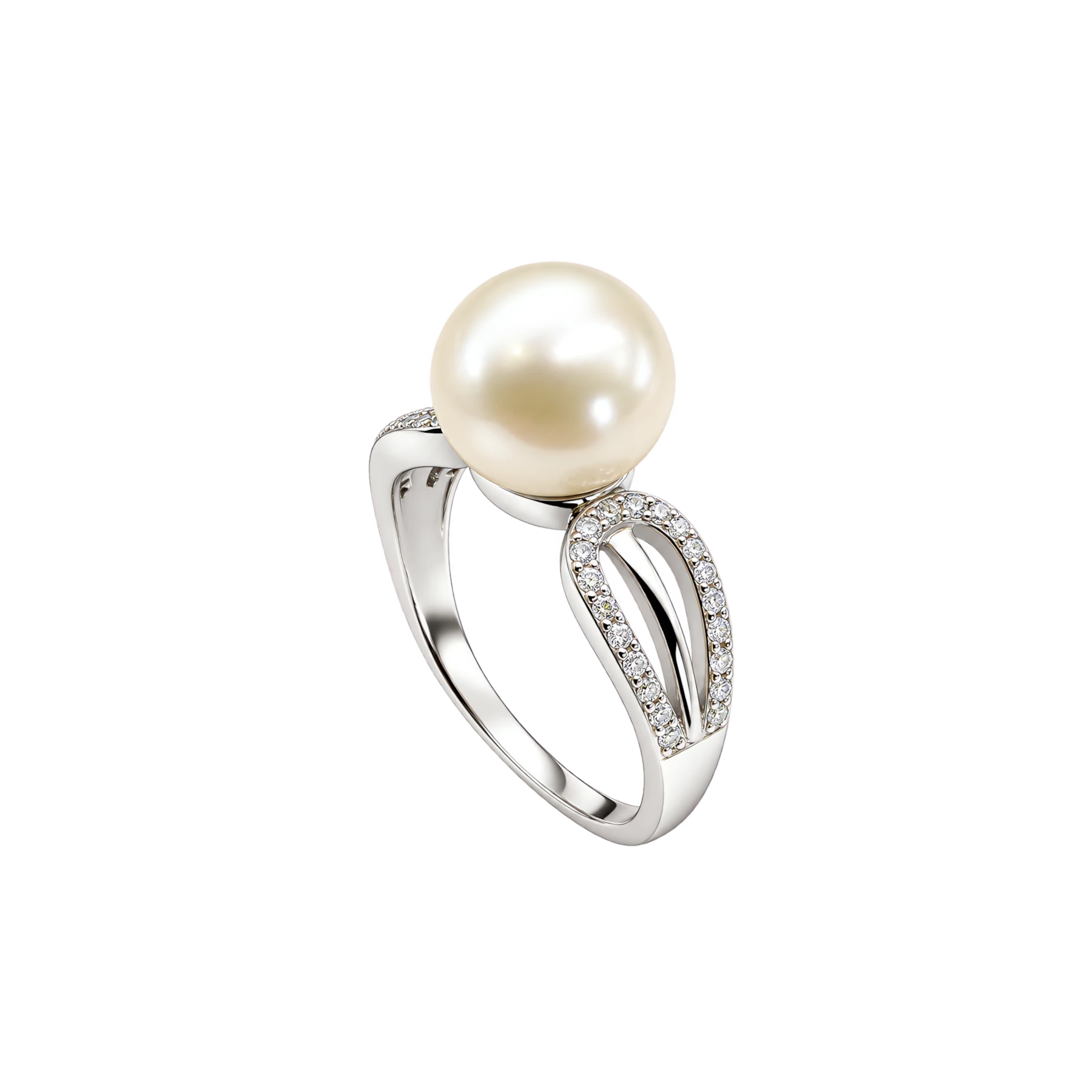 RI001 Split Shank Freshwater Pearl Ring | 925 Silver Split-shank white freshwater pearl and CZ pavé ring in rhodium-plated 925 silver