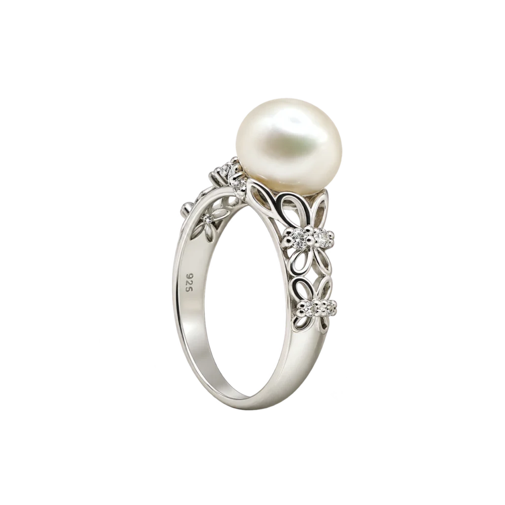 White freshwater pearl ring with floral openwork rhodium-plated 925 sterling silver band and cubic zirconia accents